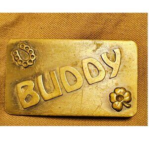 Vintage 1970s Buddy Brass Belt Buckle-  4H Horseshoe Lucky 4 Leaf Clover